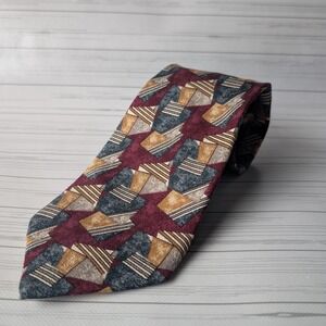 Jos A Bank Necktie Mens One Size Burgundy Gold Geometric Silk Premier Collection